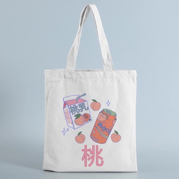 Canvas tote bag Kawaii strawberry peach milk cute print cartoon womens shoulder - Picture 1 of 4